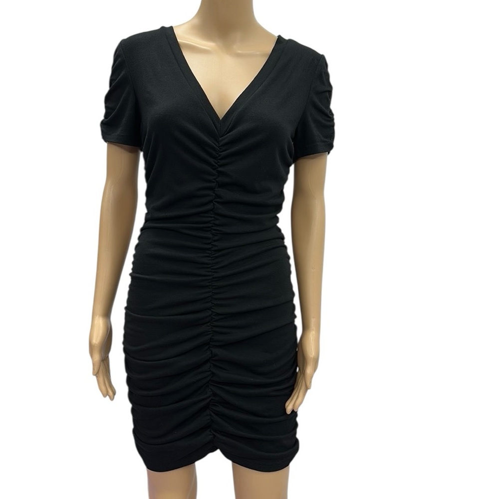 Aooksmery Black V Neck Cami Ruched Short Sleeve Formfit Mini Dress Womens Small